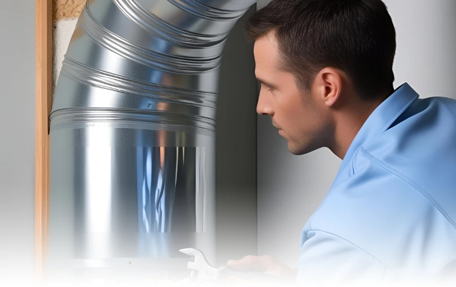 Technician in a light blue uniform working on the installation of a shiny metal air duct, using tools to secure the connection.